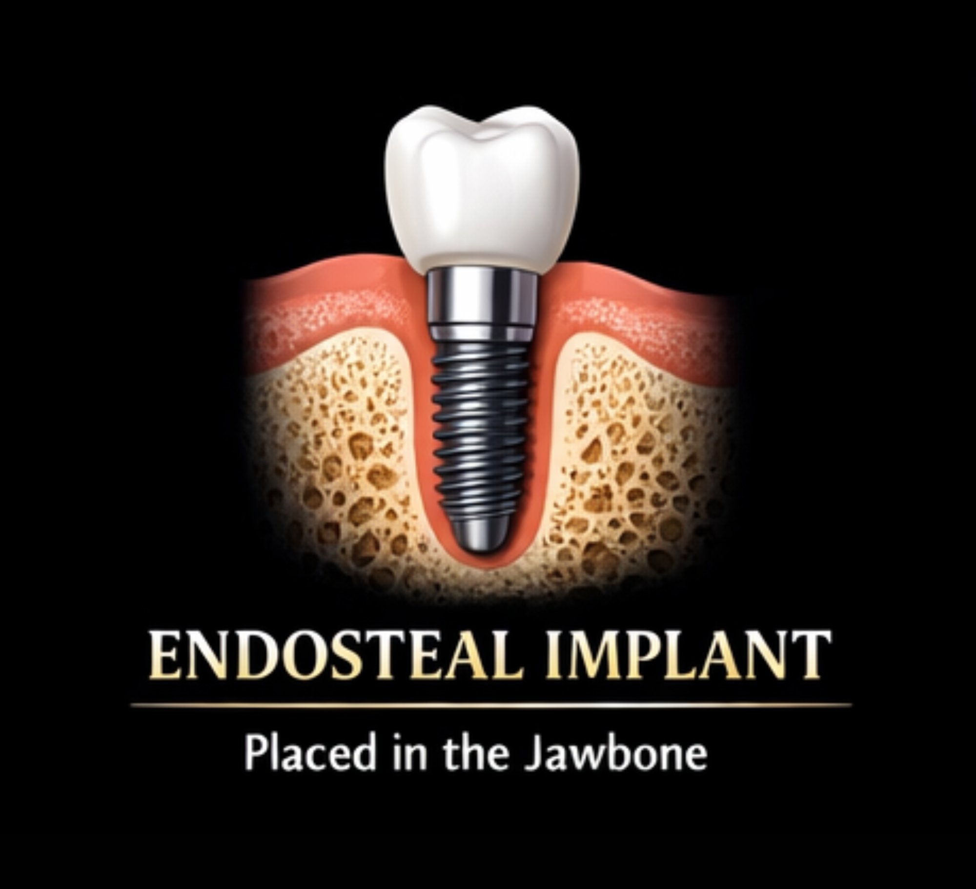 Graphic Endosteal Implant Shown In Cross Section Of Jawbone With Screw Post And Crown Above Gum Labeled Endosteal Implant Placed In The Jawbone