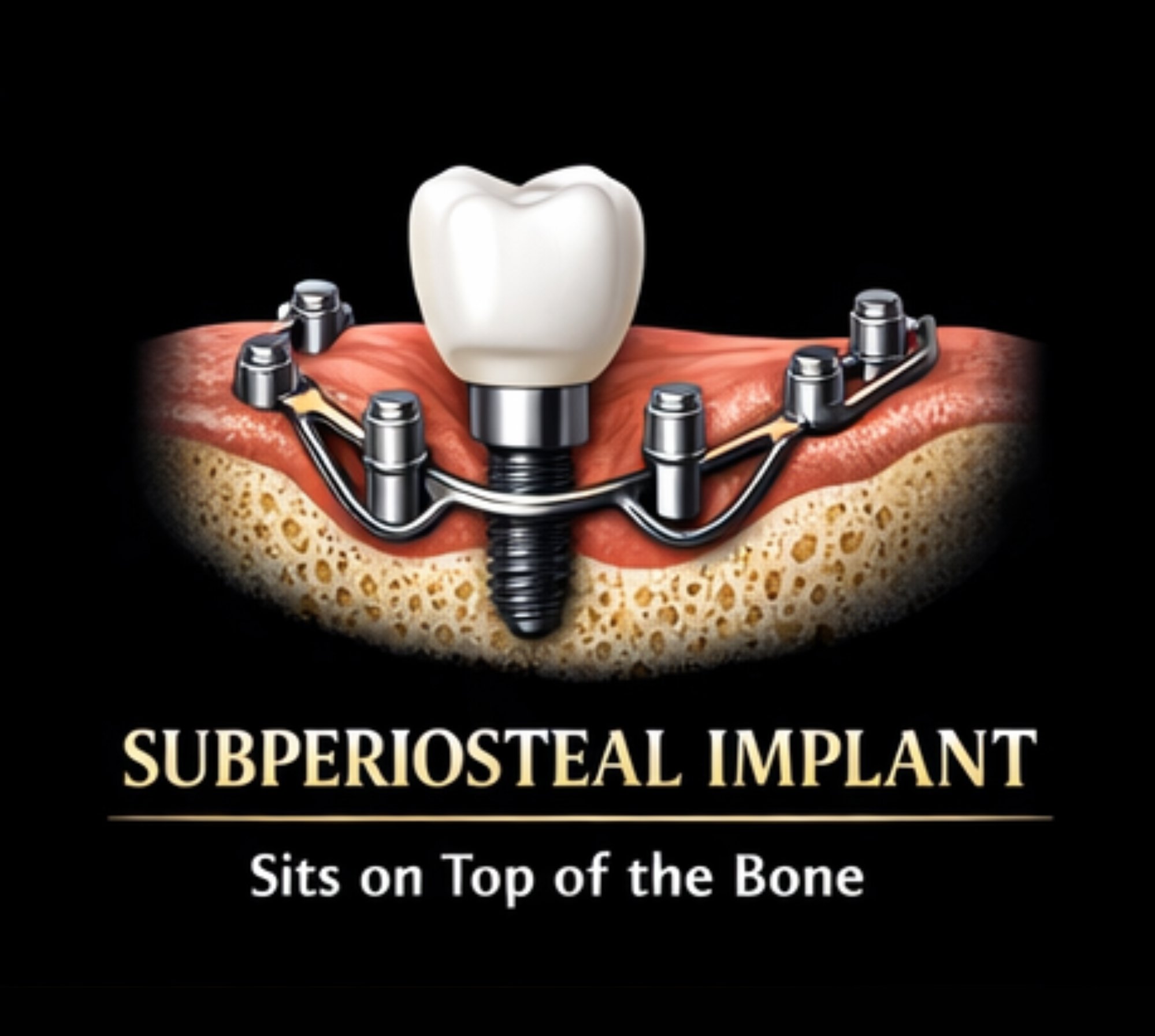 Graphic Subperiosteal Implant Resting On Top Of Jawbone With Metal Framework And Posts Supporting Tooth Labeled Subperiosteal Implant Sits On Top Of The Bone