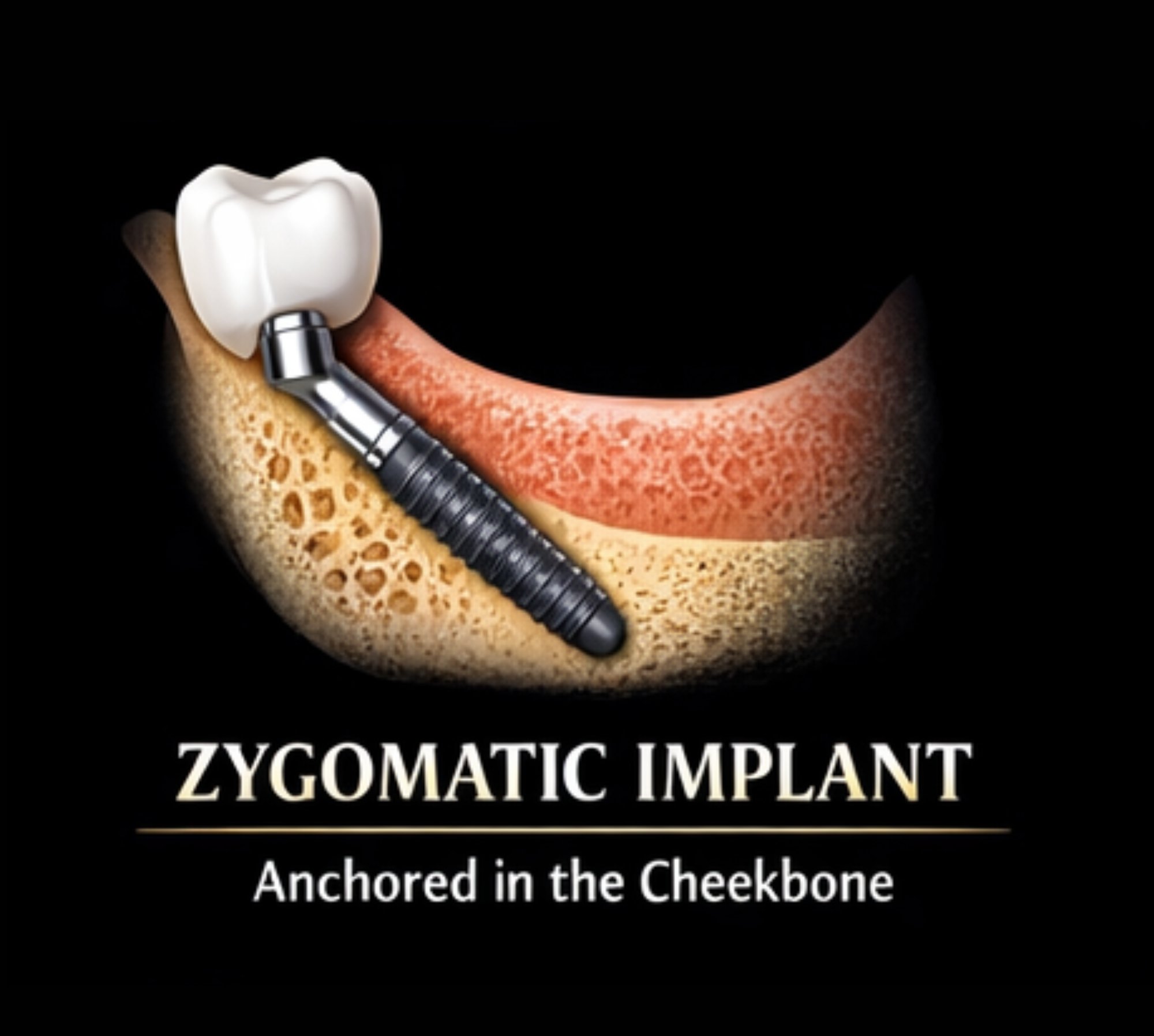 Graphic Zygomatic Implant Angled And Anchored Into Cheekbone With Tooth Restoration Above Gum Labeled Zygomatic Implant Anchored In The Cheekbone