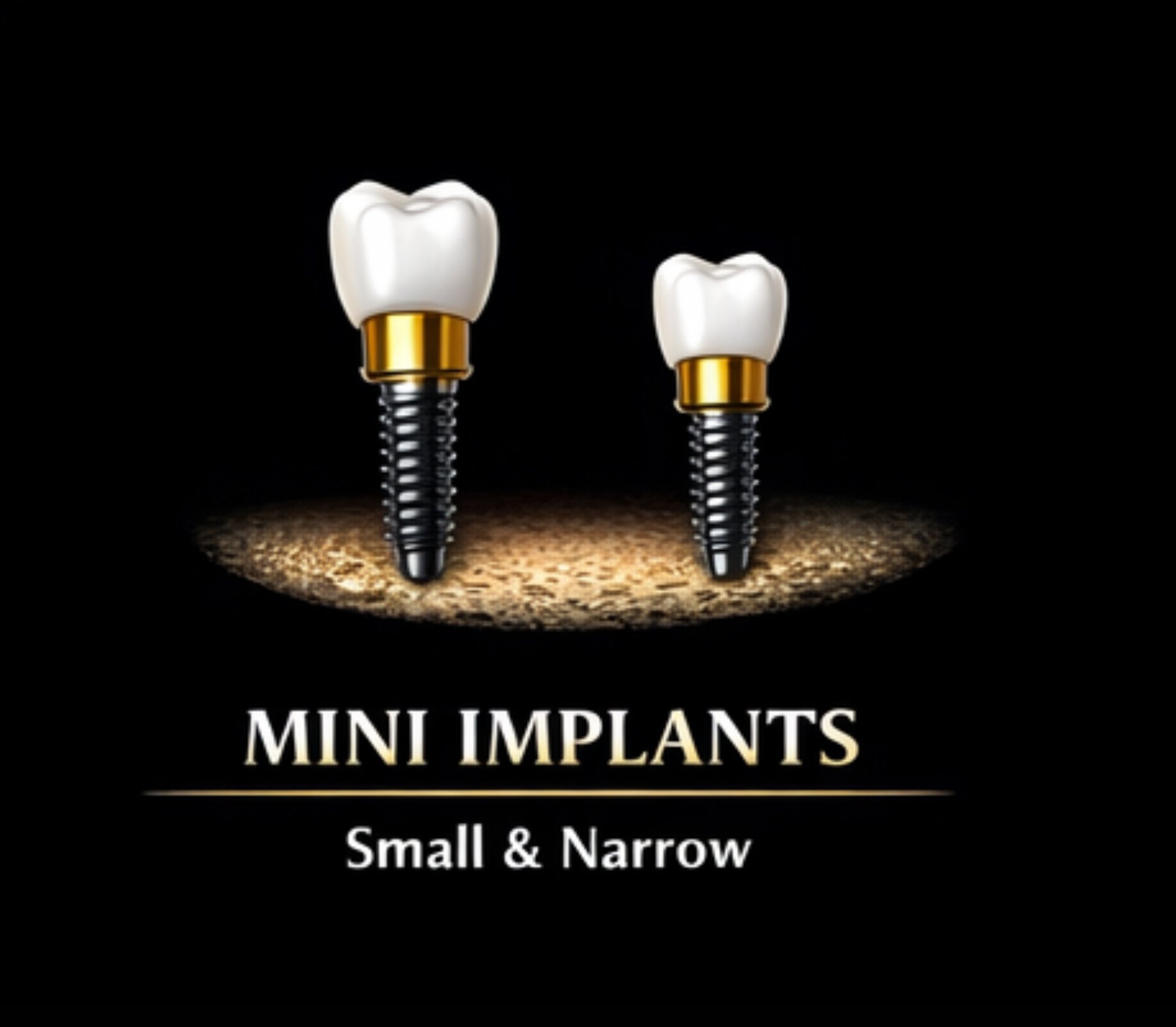 Graphic Mini Implants Showing Two Small Narrow Implant Posts With Crowns Placed In Bone Labeled Mini Implants Small And Narrow