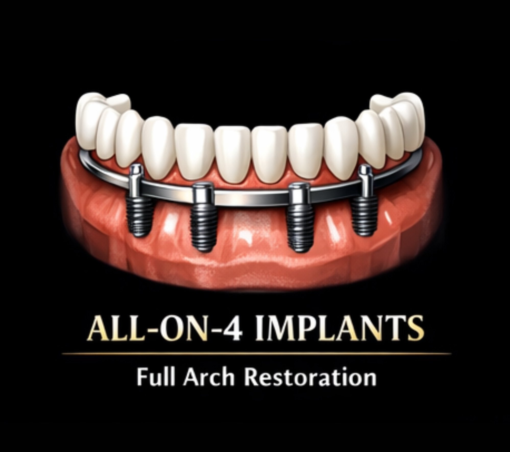 Graphic All On 4 Implants Showing Full Arch Of Teeth Supported By Four Implants In Gum Labeled All On 4 Implants Full Arch Restoration