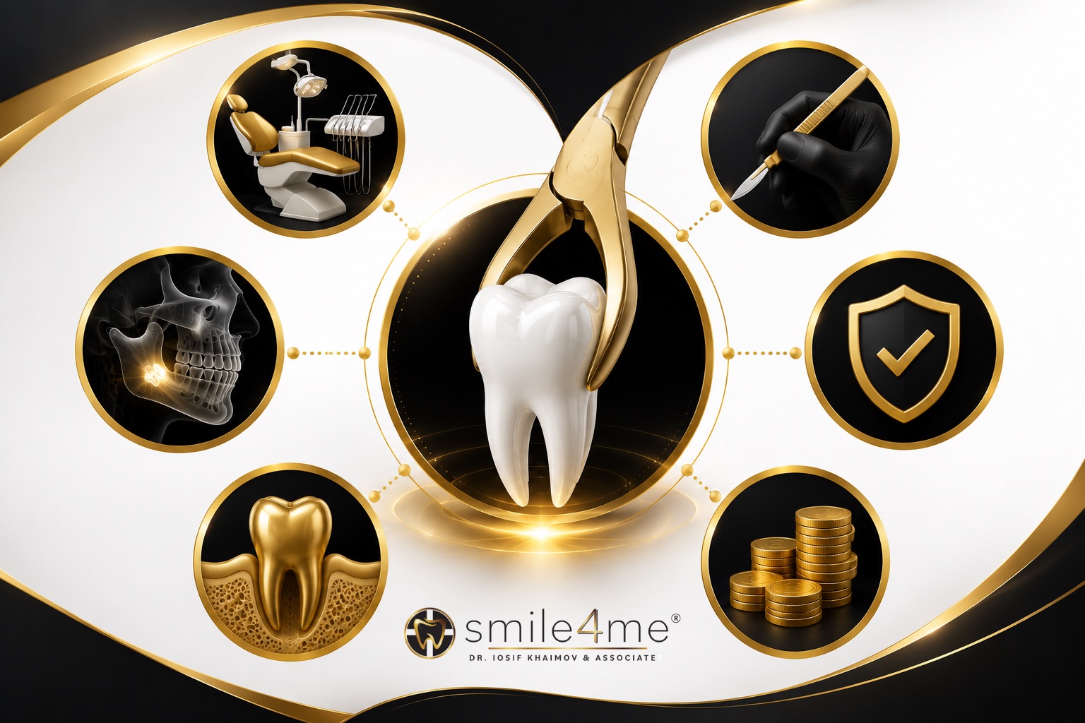 Illustration Gold Forceps Holding Molar Tooth Surrounded By Dental Icons And Smile4me Logo