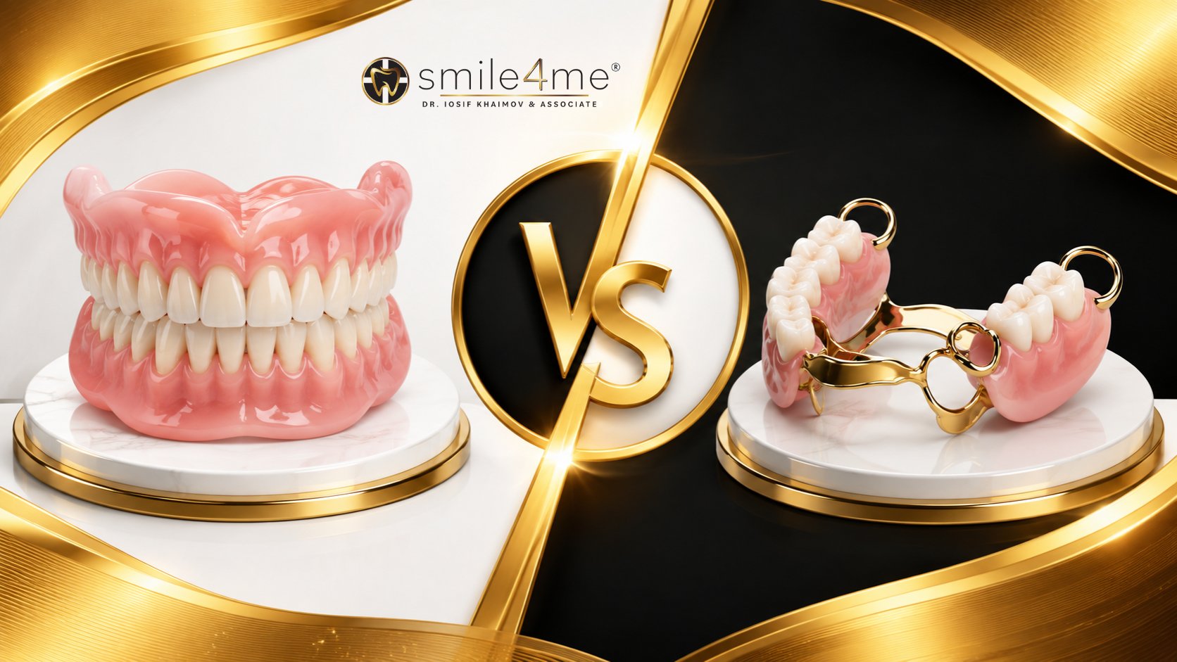 3D Graphic Comparing Full Dentures Vs Partial Dentures On Gold And White Displays