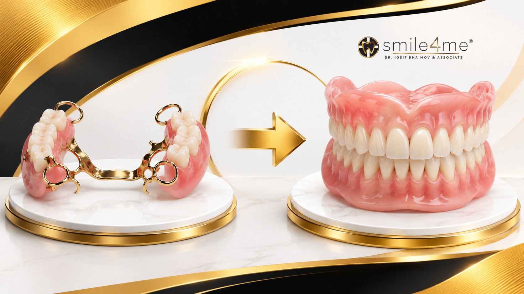 3D Graphic Showing Full Dentures Vs Partial Dentures With Gold Arrow Between Them