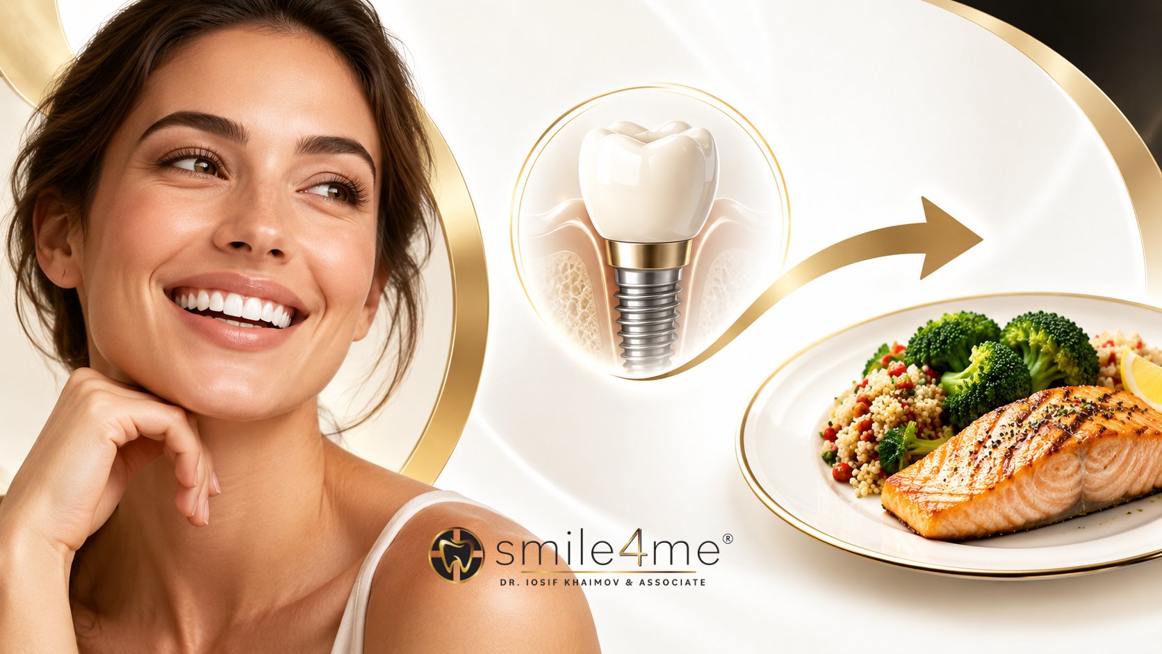 Graphic Showing Smiling Woman, Dental Implant, And Salmon Meal
