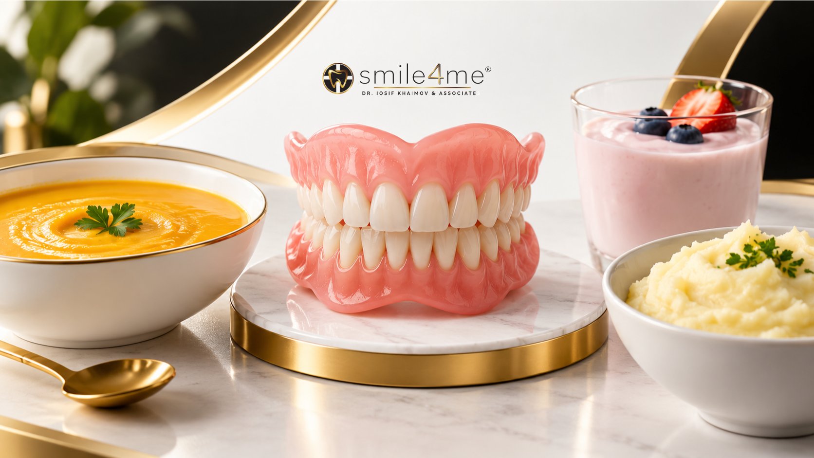 Graphic Dentures Surrounded By Soup, Yogurt, And Mashed Potatoes
