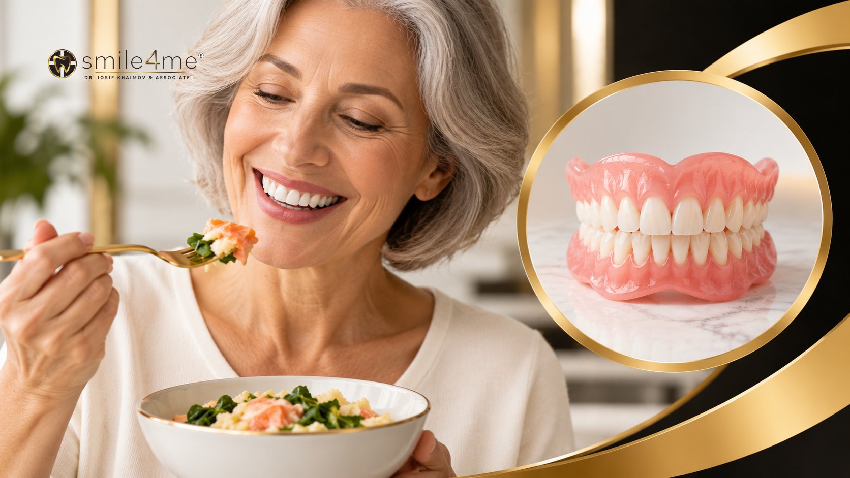 Photo Woman Eating Soft Food Beside Dentures, Illustrating Can You Eat With Dentures