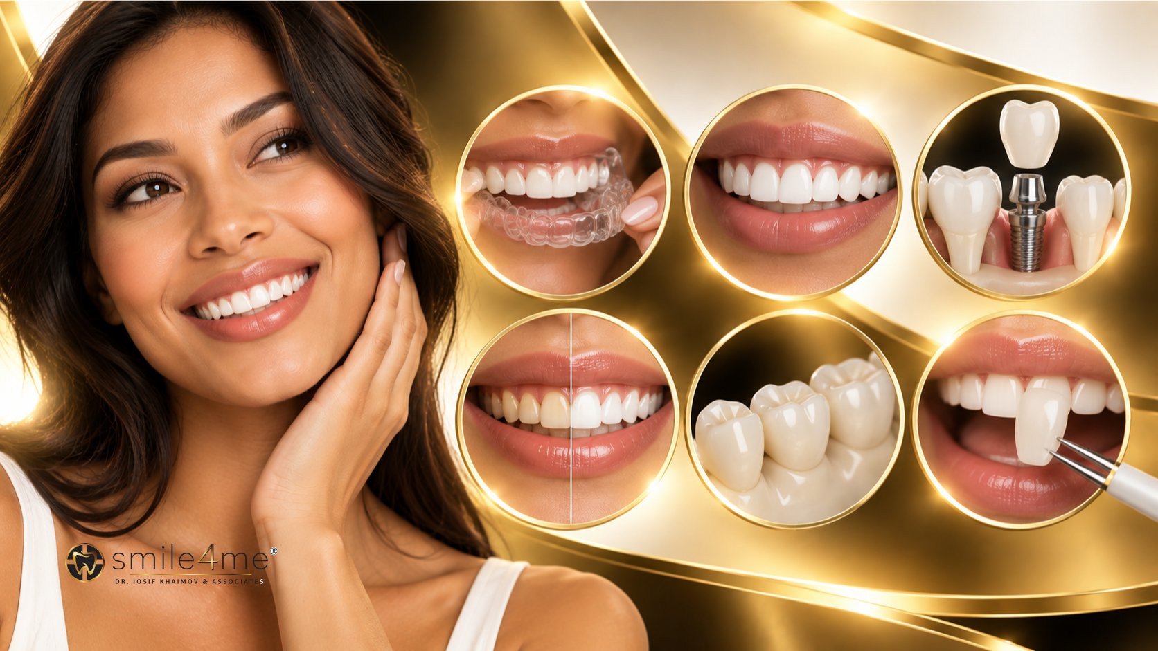 Graphic Of Woman With Smile Makeover Options Including Aligners Implants And Veneers