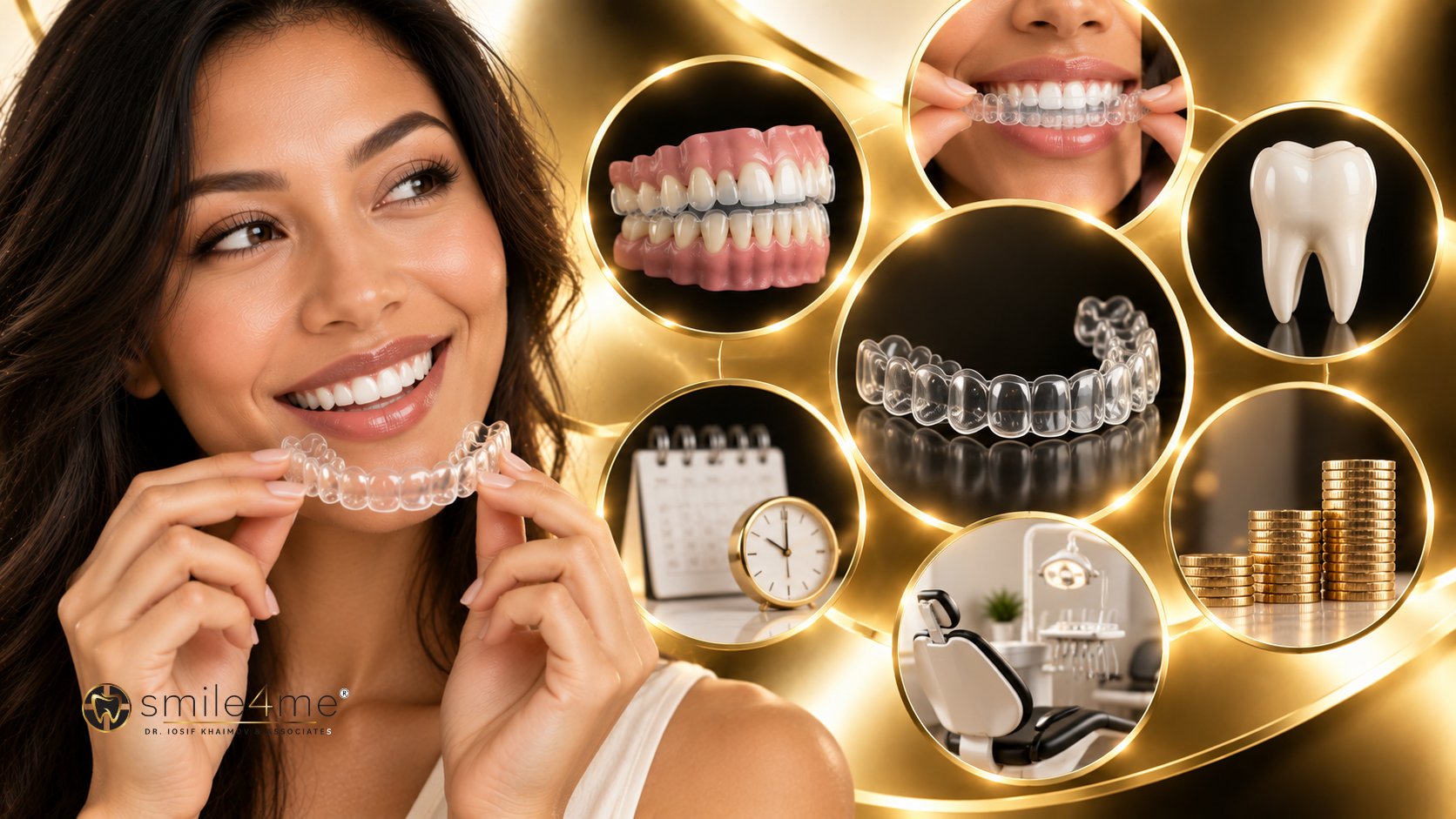 Graphic Of Woman Holding Aligners With Dental Images Showing Invisalign Cost Queens Factors