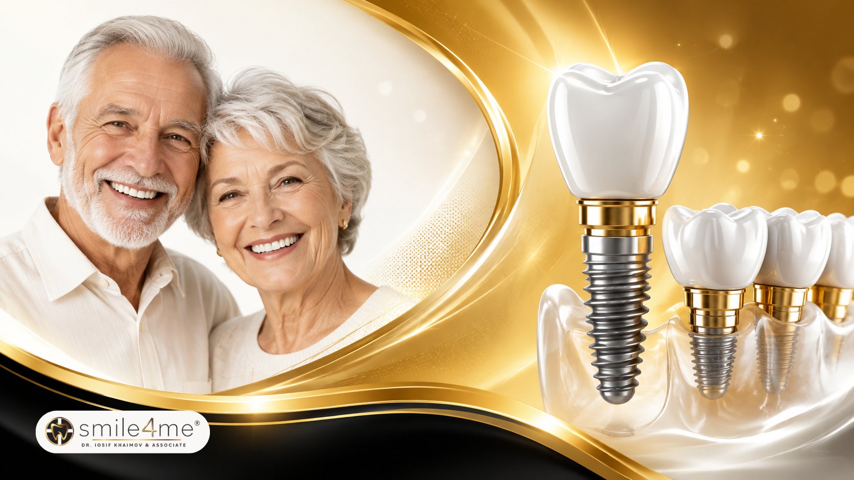 Illustration With Smiling Senior Couple Beside Dental Implant Models