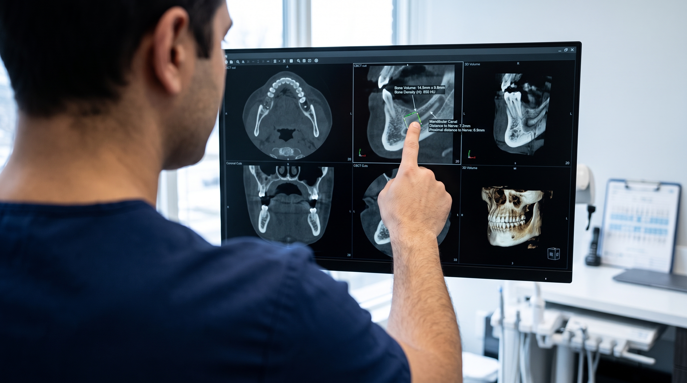 Photo Of Dentist Pointing At Jawbone Scan On Monitor