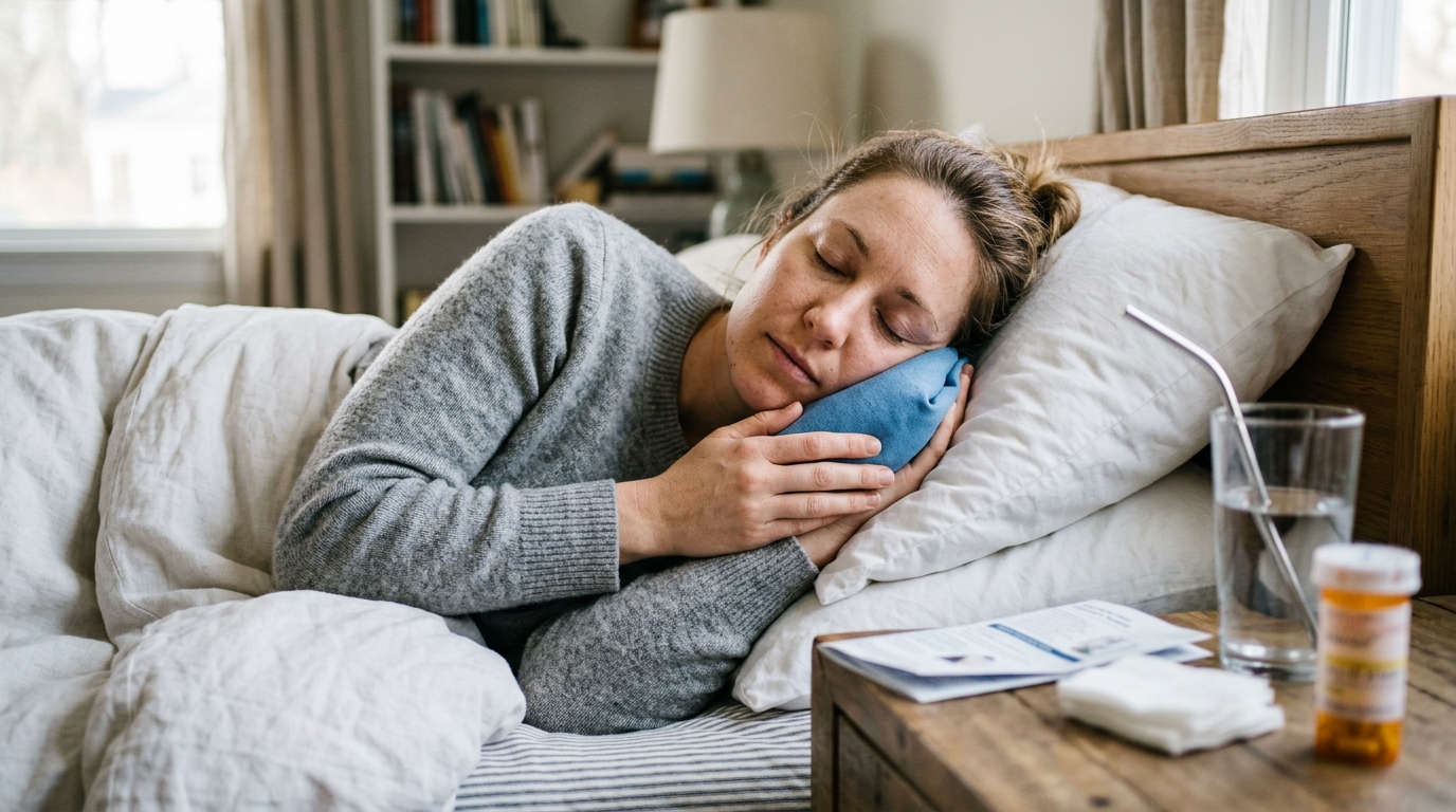 Photo Of Woman Resting In Bed With Cold Pack During Dental Bone Graft Healing Process