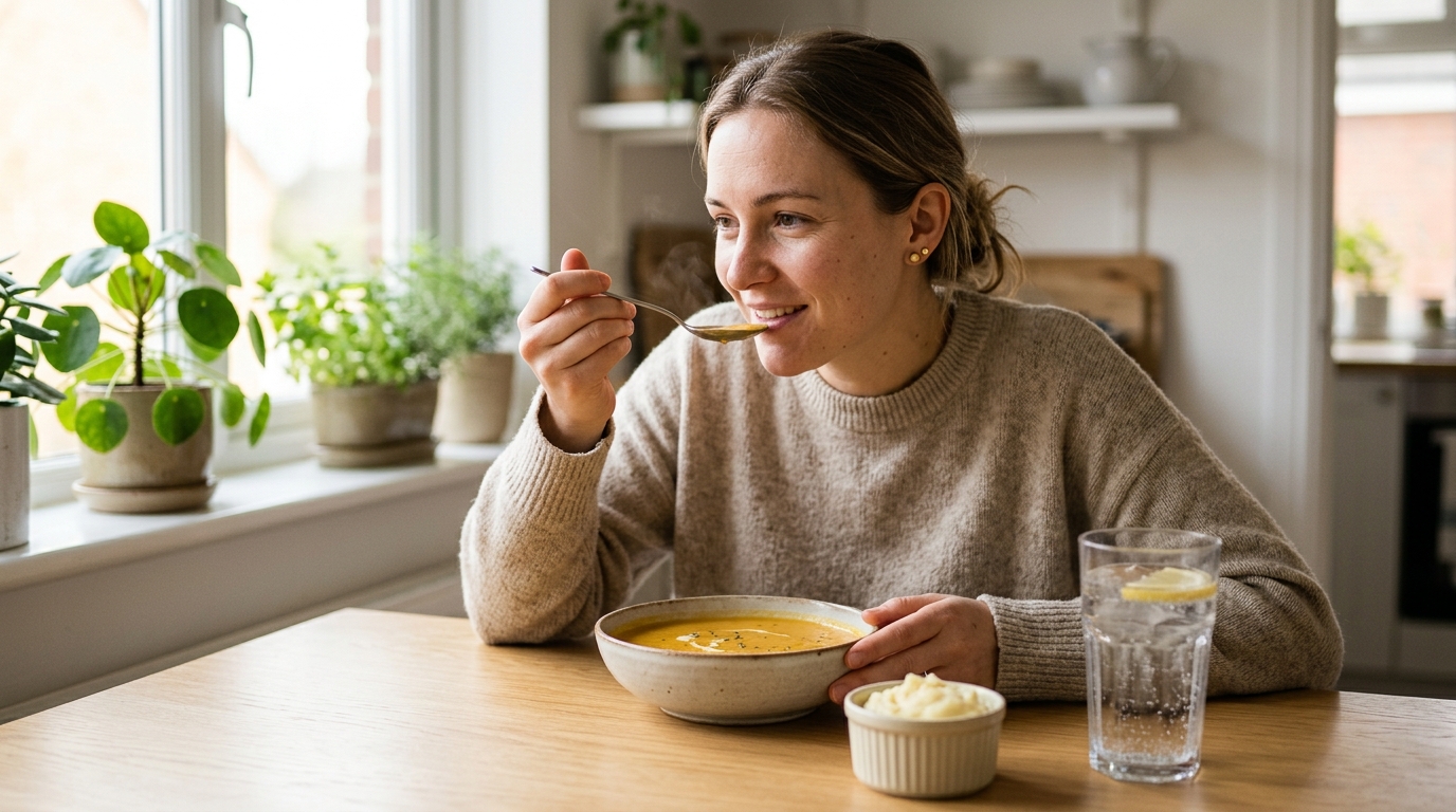 Photo Of Woman Eating Spoonful Of Warm Soup Beside Mashed Potatoes And Lemon Water
