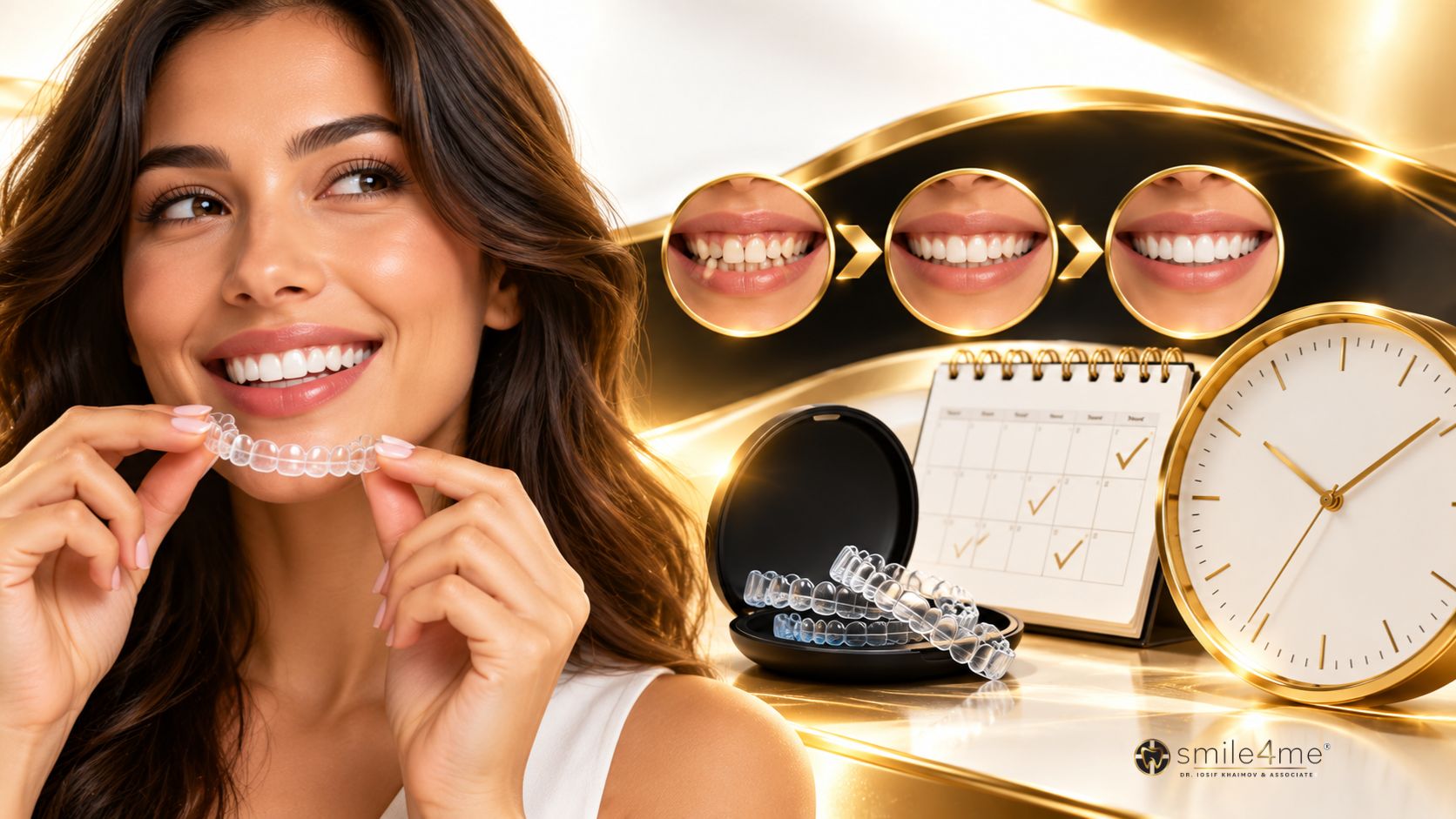 Graphic Showing Invisalign Process With Woman Holding Aligner, Smile Stages, Calendar And Clock