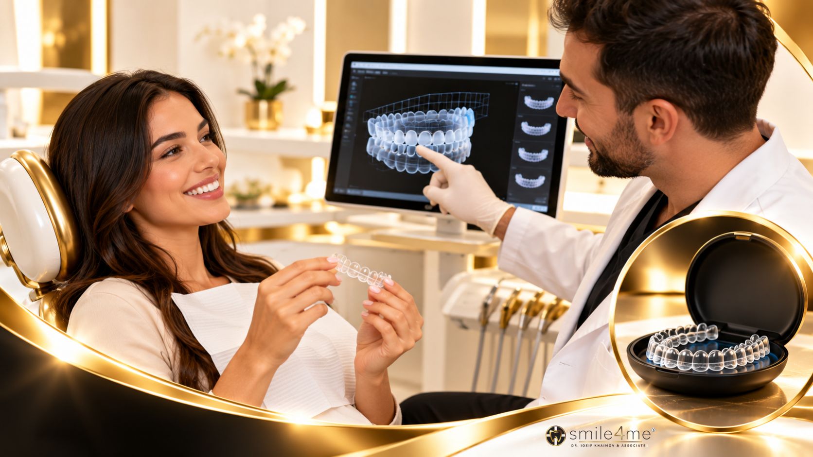 Graphic Of Woman Holding Clear Aligner As Dentist Points To Digital Teeth Scan Beside Aligner Case